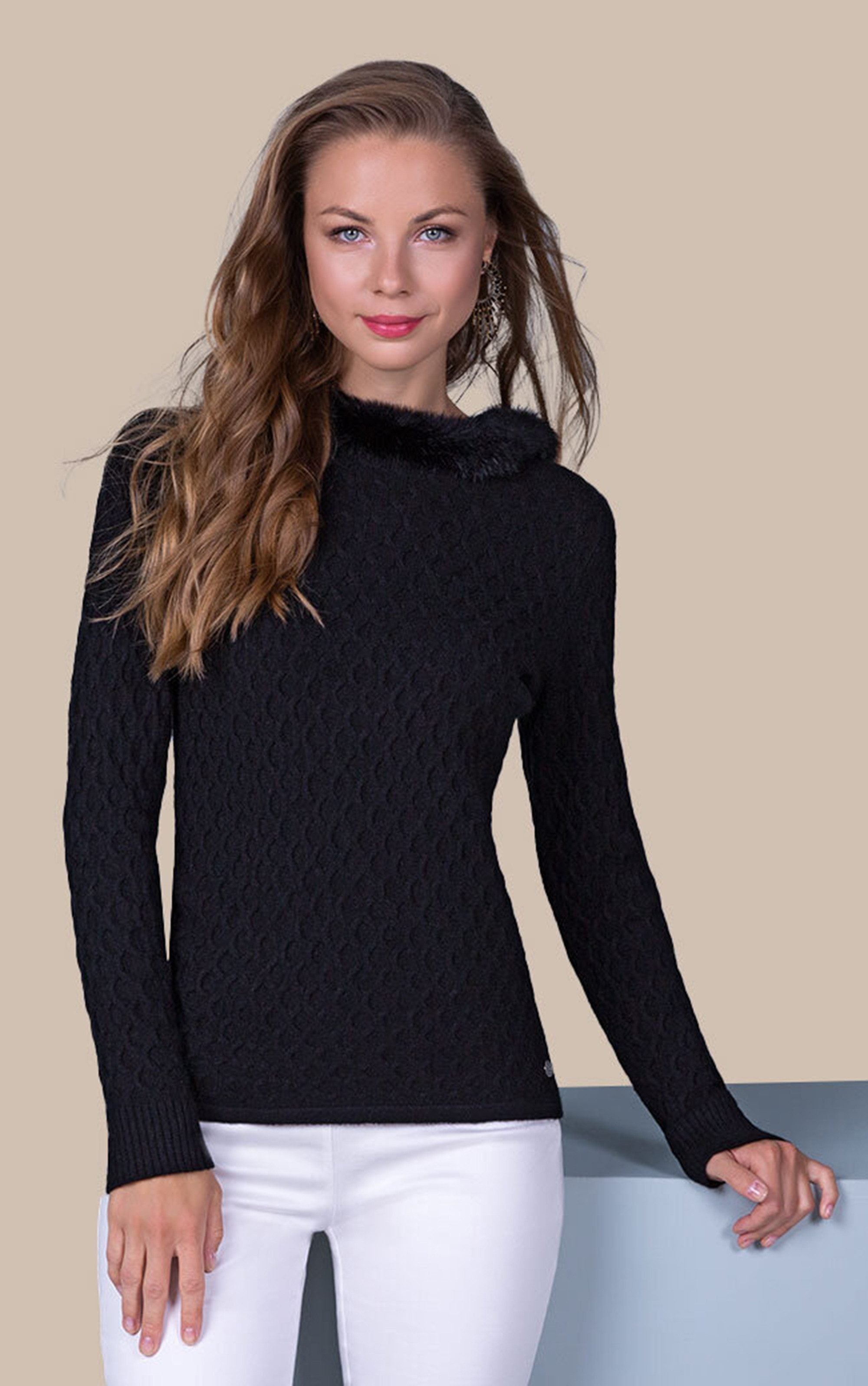 Eleganter Strickpullover mit Waben Muster und Fellbesatz
