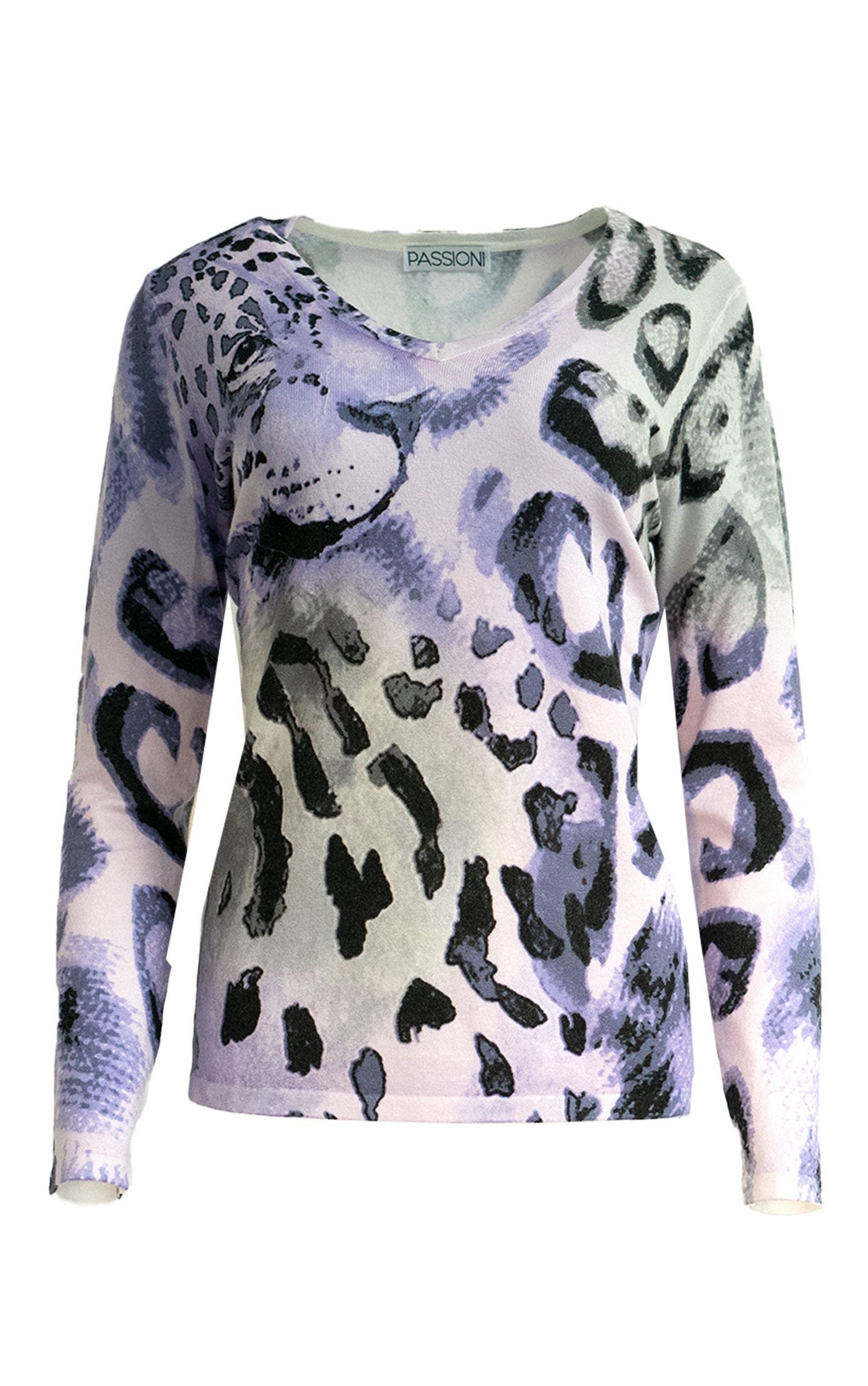 Strickpullover mit V-Ausschnitt und abstraktem Aquarell-Animal-Print