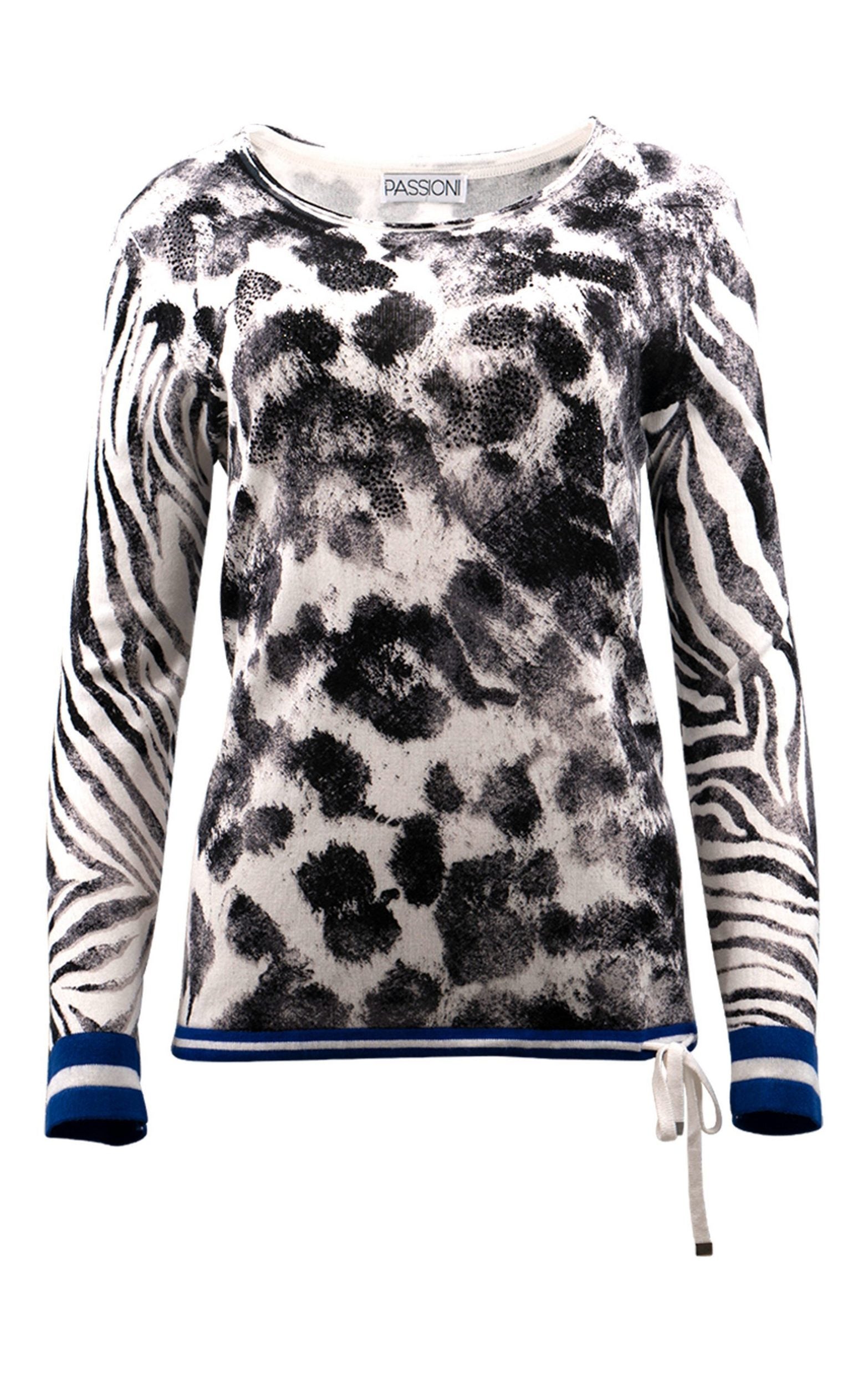 Pullover im abstrakten Animal-Muster-Mix mit Kontraststreifen