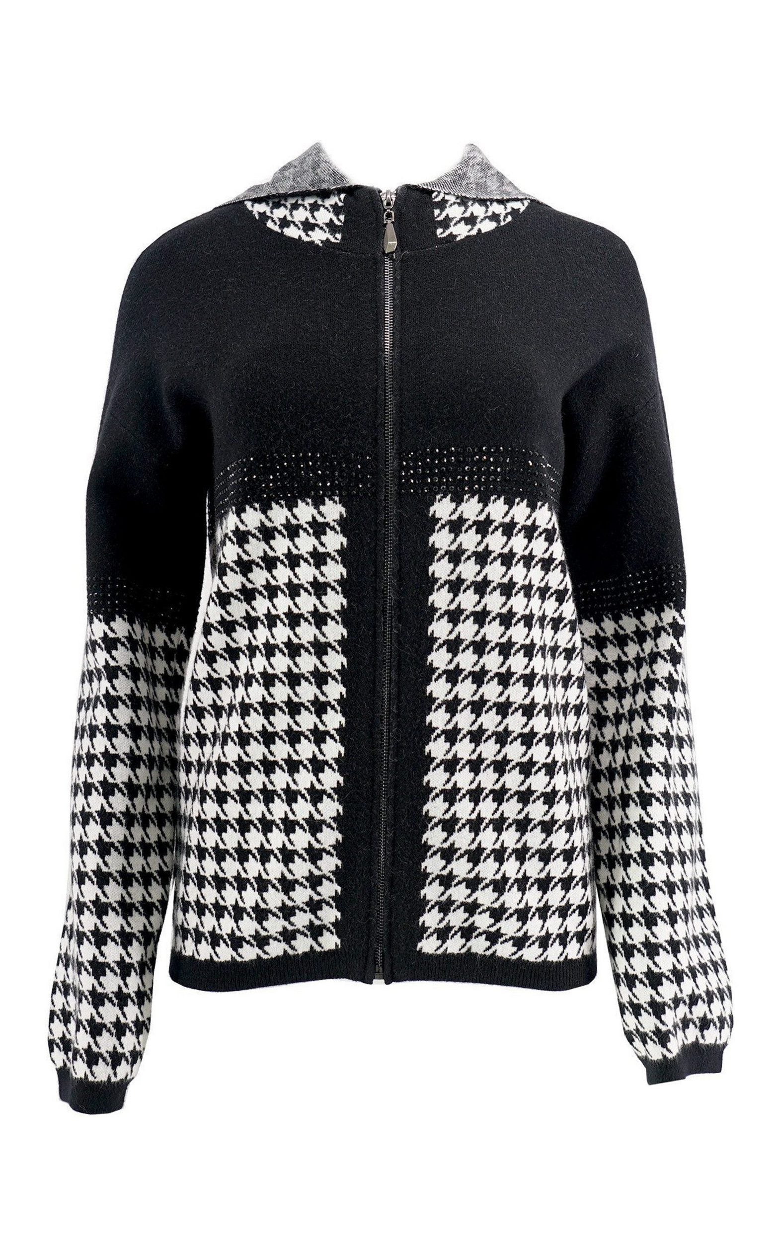 Kapuzenstrickjacke mit Hahnentrittmuster und Strassdetails