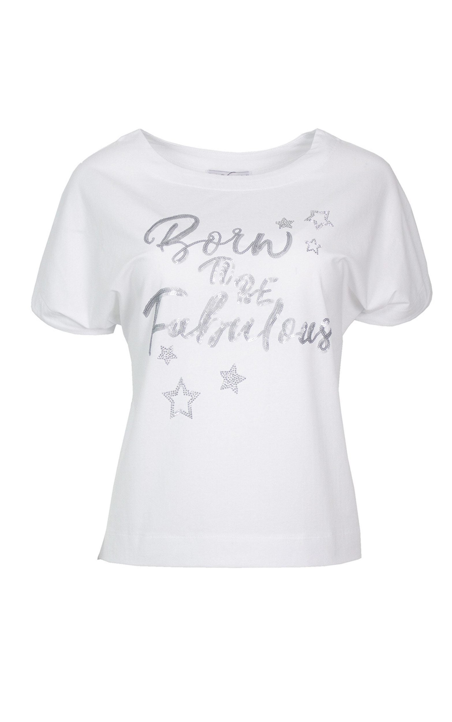 T-Shirt mit Schriftzug aus Pailletten und Glitzersteinen