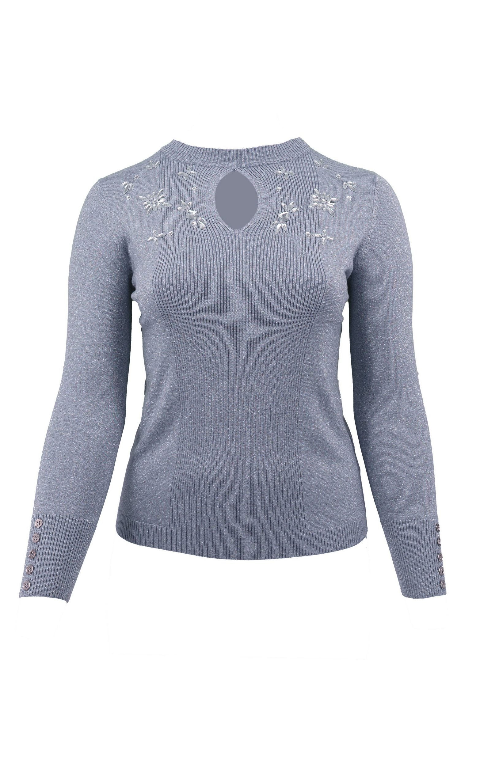Strickpullover mit hohem Halsausschnitt mit Schlüssellochdetail und Perlendetails