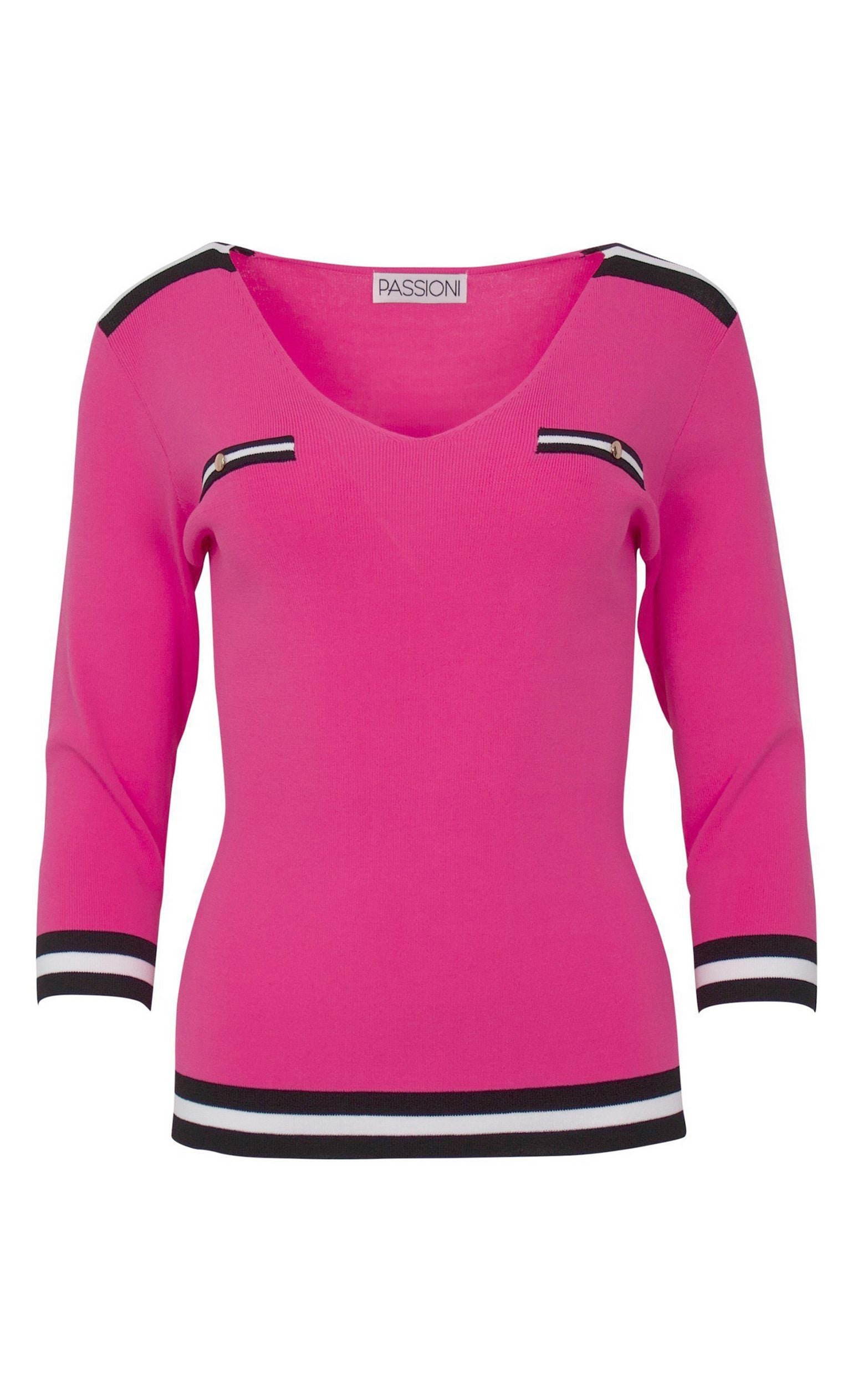 Pinker Strickpullover mit Streifendetails und V-Ausschnitt
