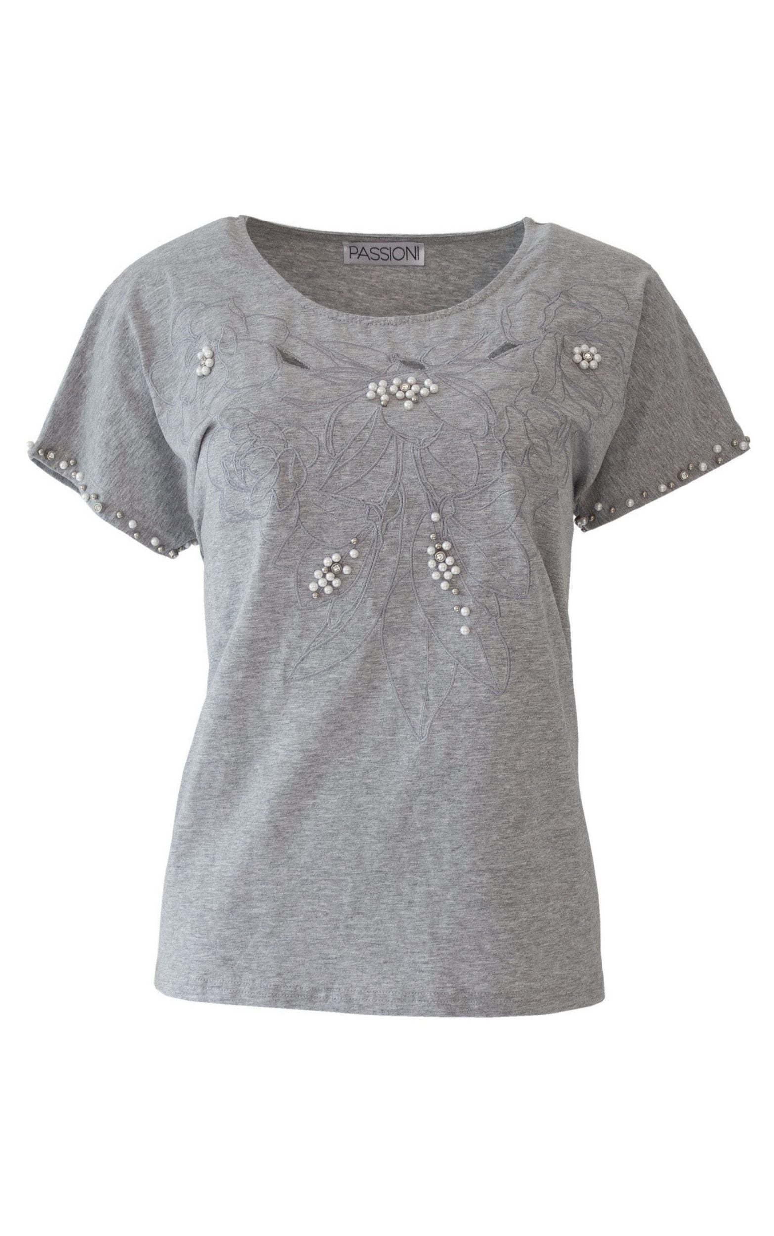 T-Shirt mit floralem Muster und Perlenverzierungen