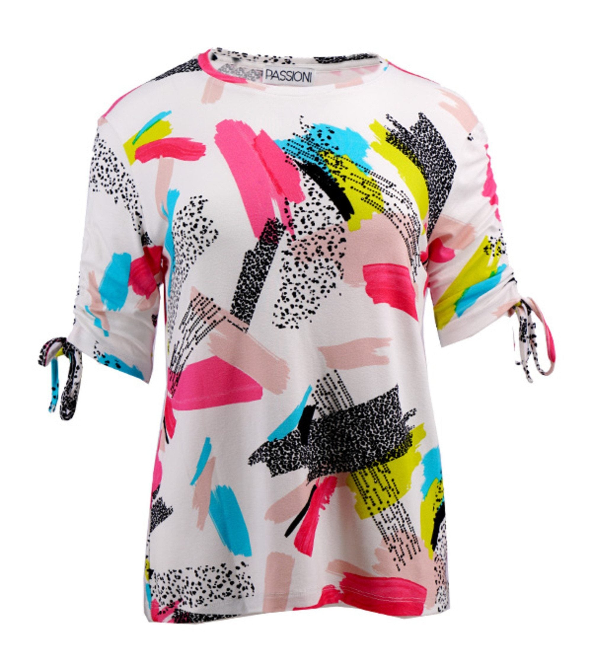 T-Shirt mit buntem Pinsel-Print und gerafften Ärmeln
