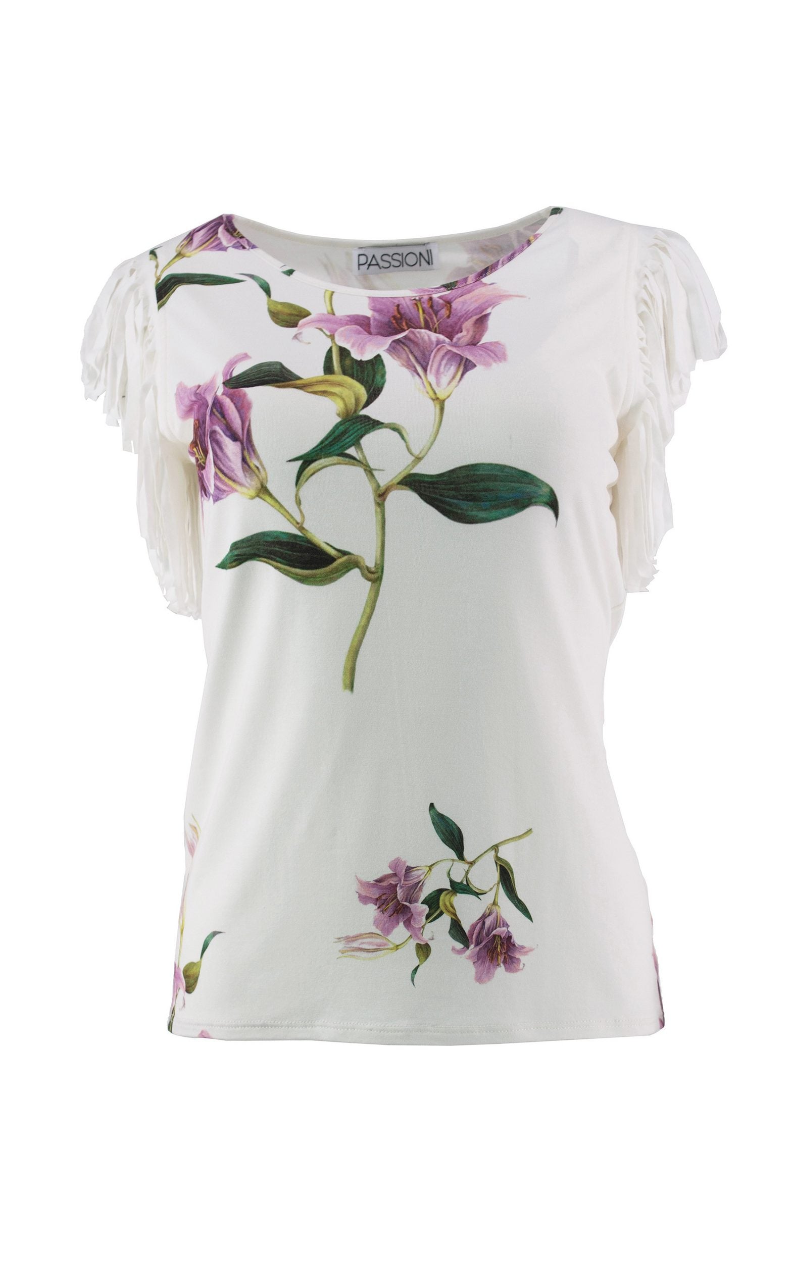 T-Shirt mit Lilien-print und Fransen