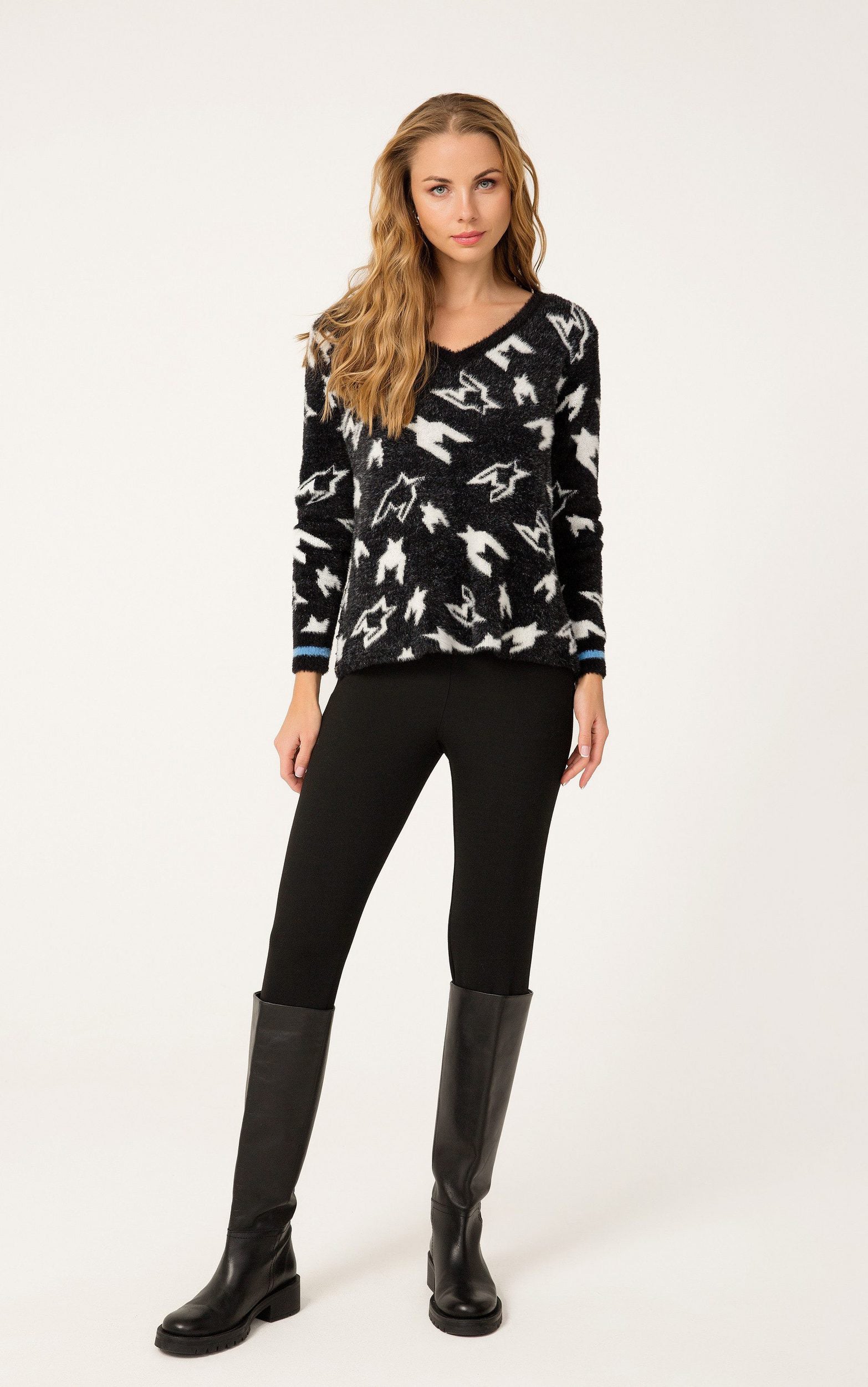 Strickpullover mit V-Ausschnitt und Hahnentrittmuster