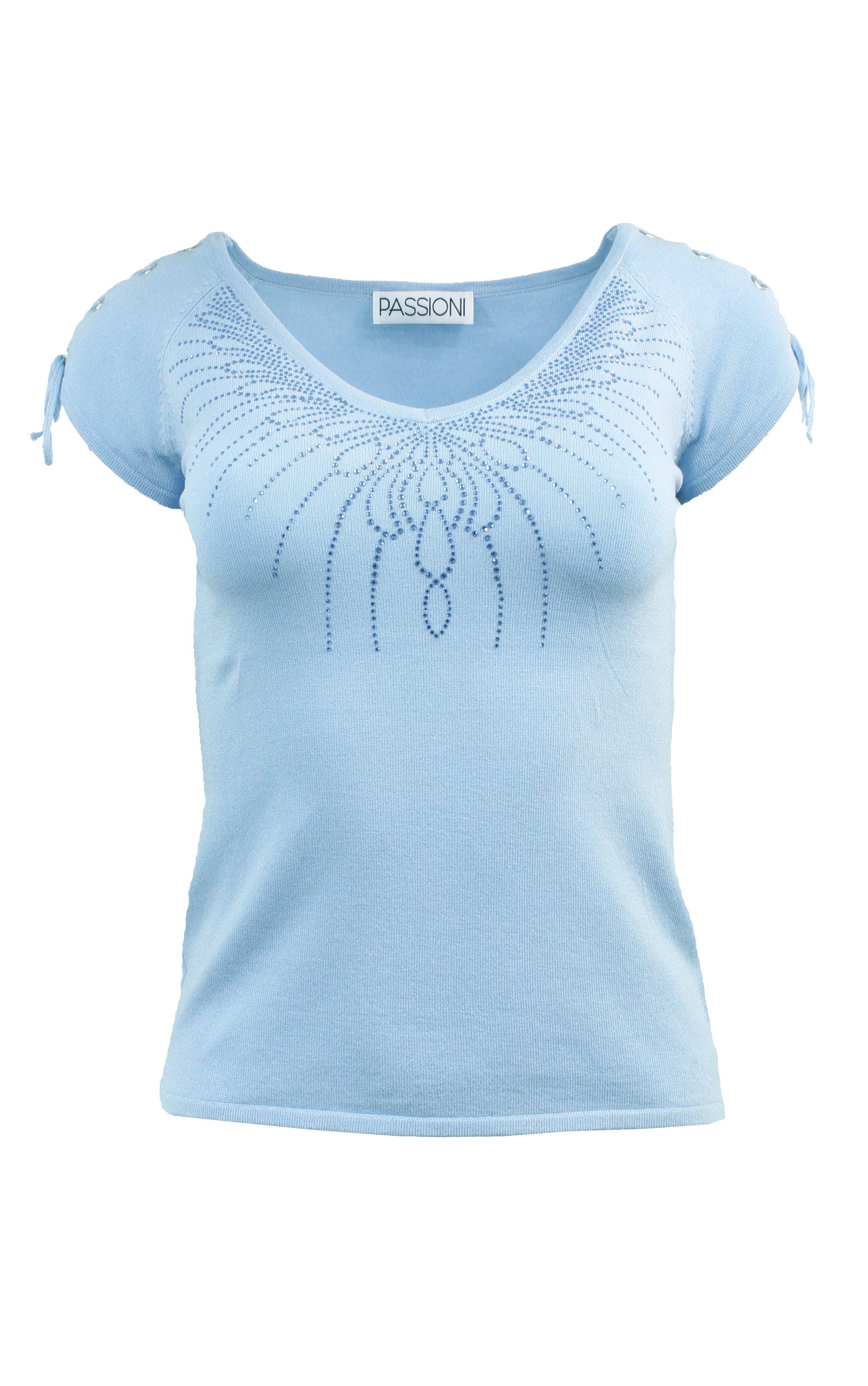 Blaues Sommerpulli mit V-Ausschnitt und Stein-Applikation