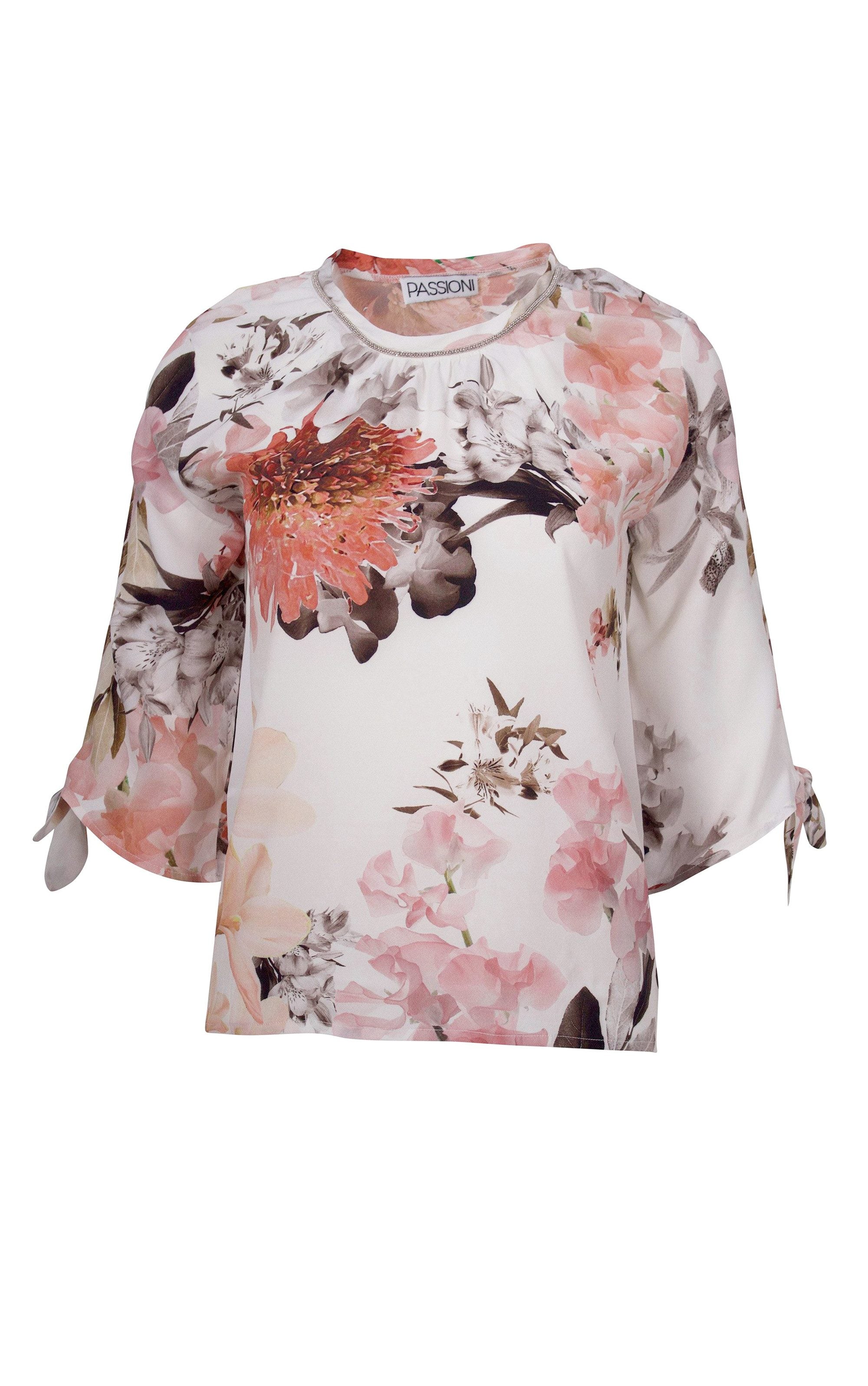 Druckbluse mit buntem Blumenprint und Bindebändern