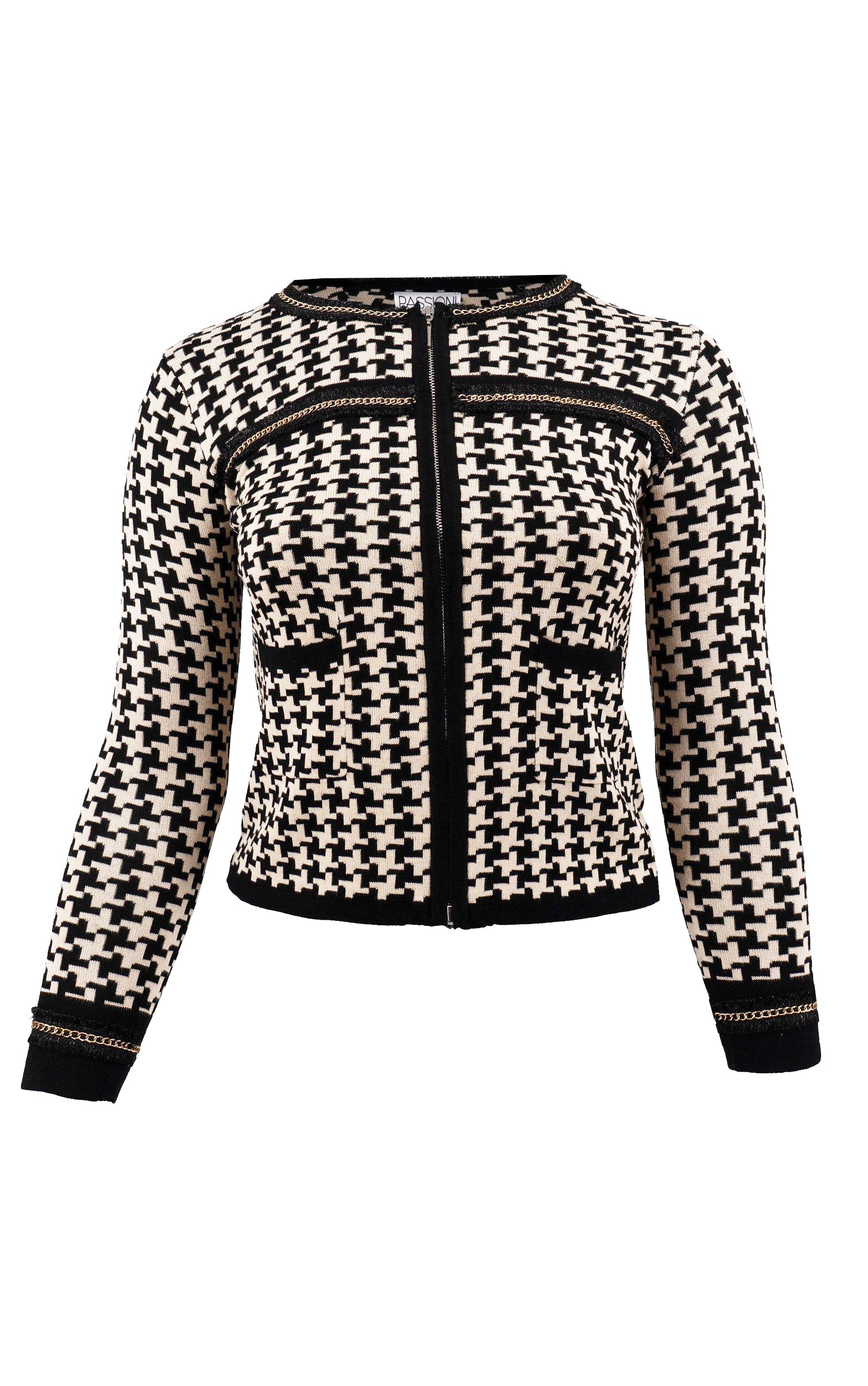 Cardigan in Schwarz und Beige mit Hahnentrittmuster und Kettendetails