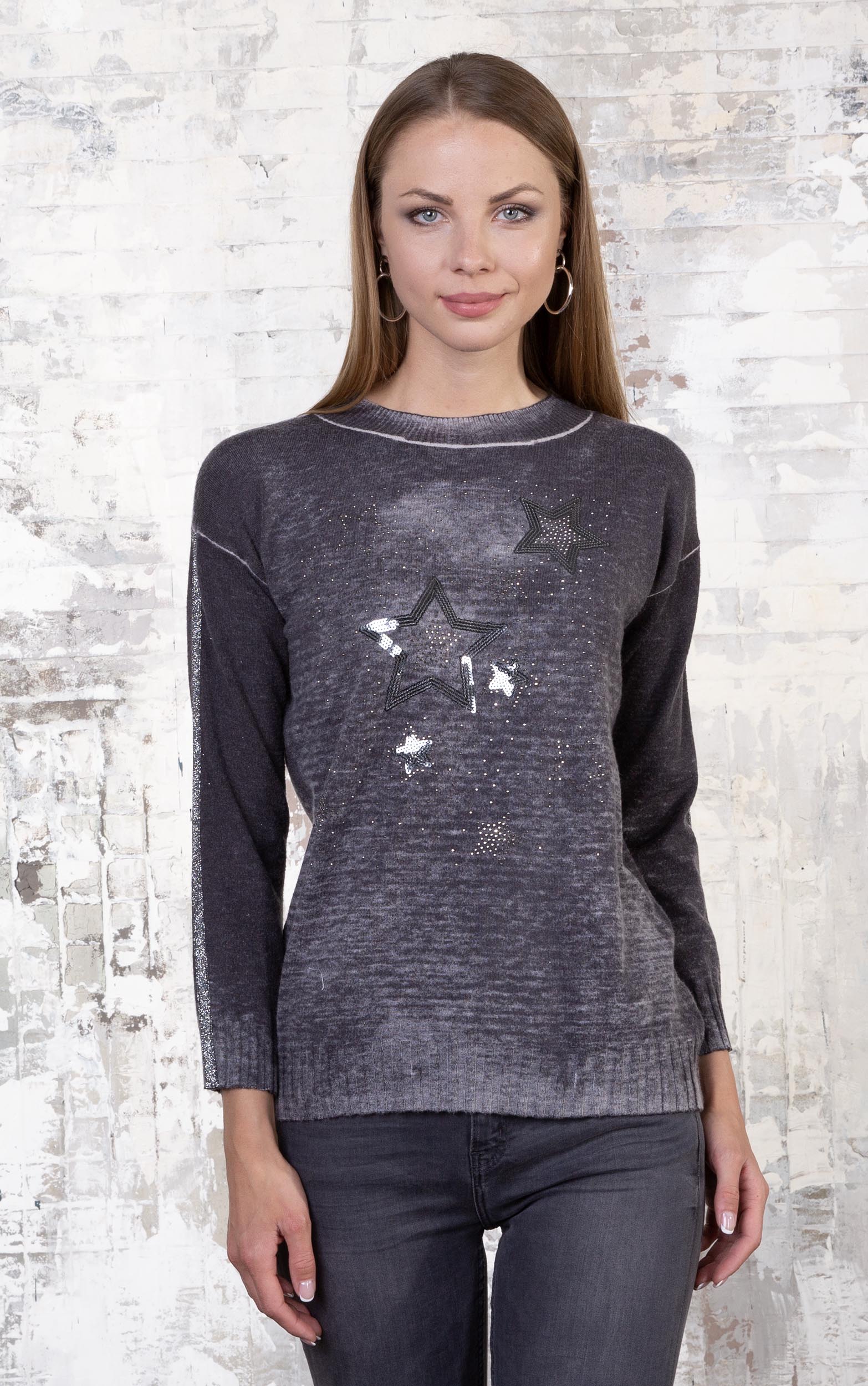 Strickpullover mit glitzernden Sternen und Streifendetail