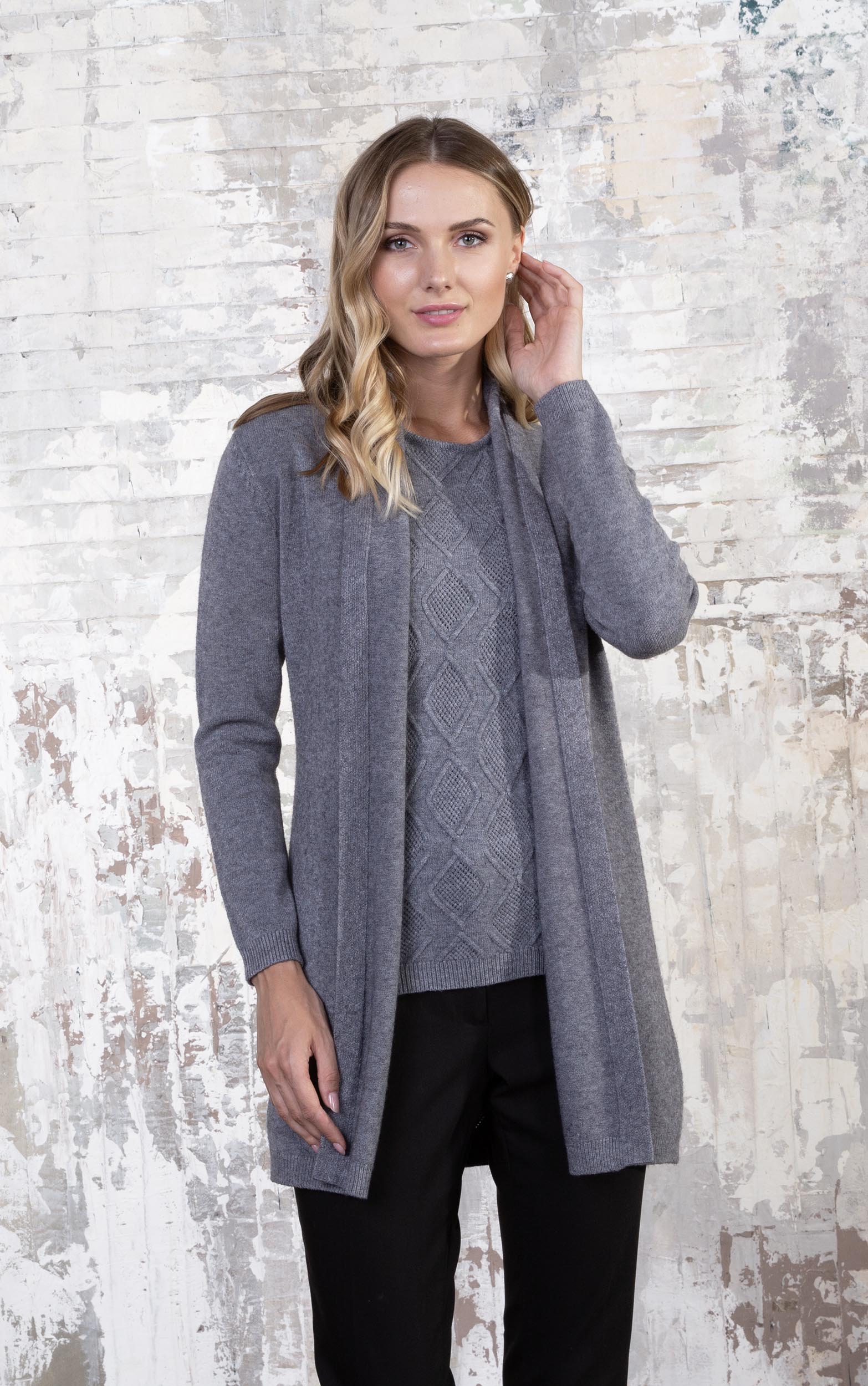 Twinset mit Long Cardigan und Shirt im 3D-Rautenstrick