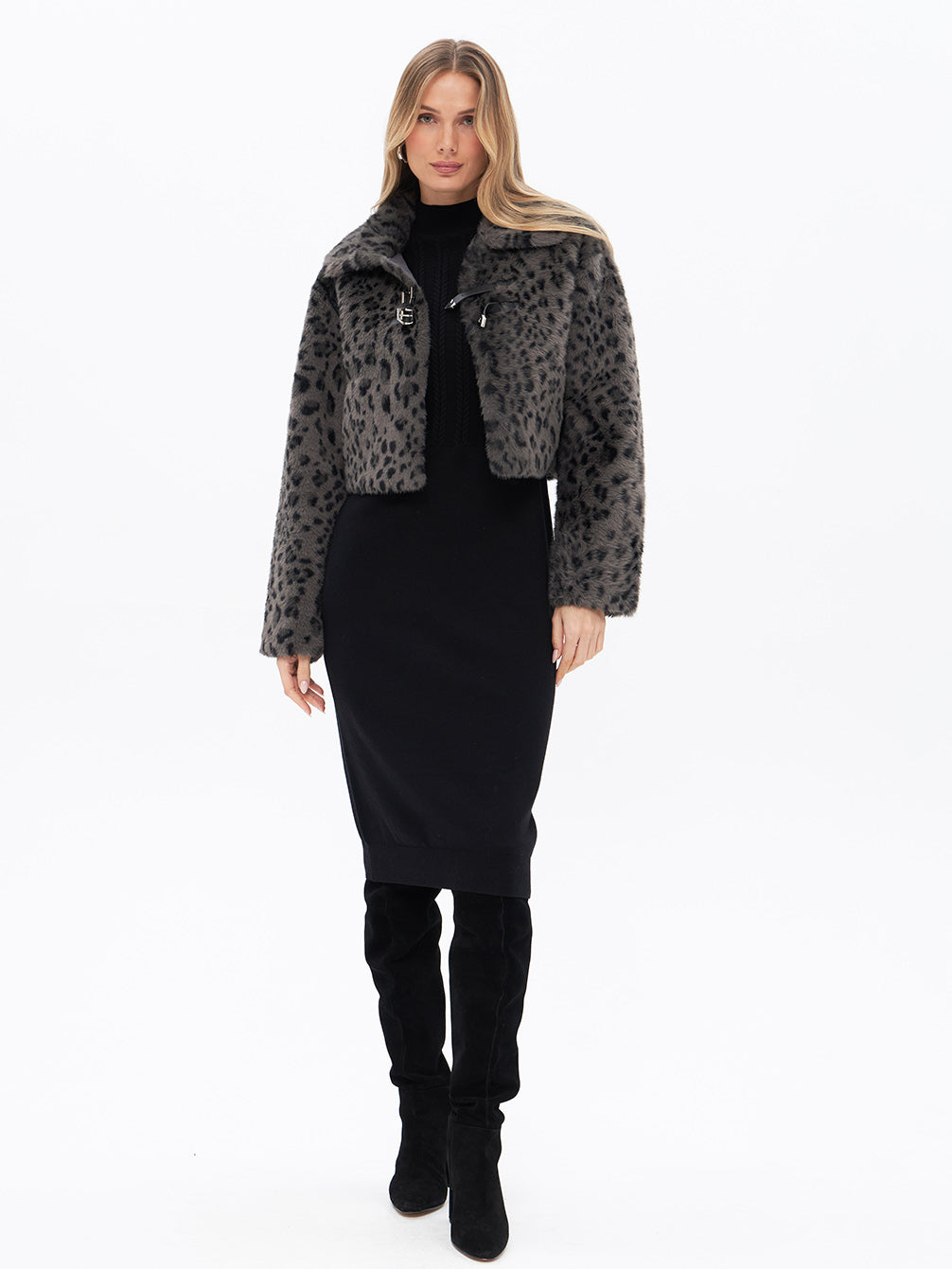 Kunstfelljacke mit grauem Leopardenprint