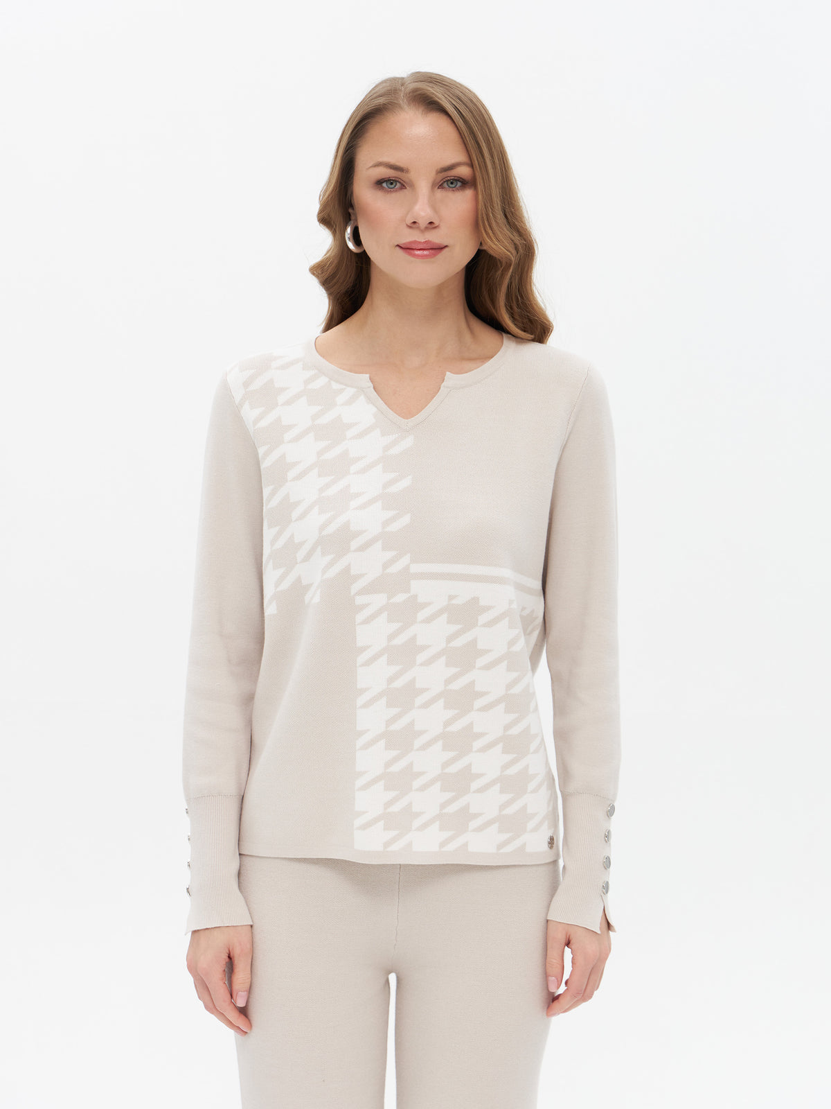 Strickpullover mit Hahnentrittmuster und Colorblock