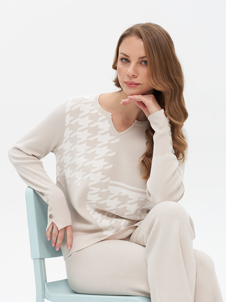 Strickpullover mit Hahnentrittmuster und Colorblock