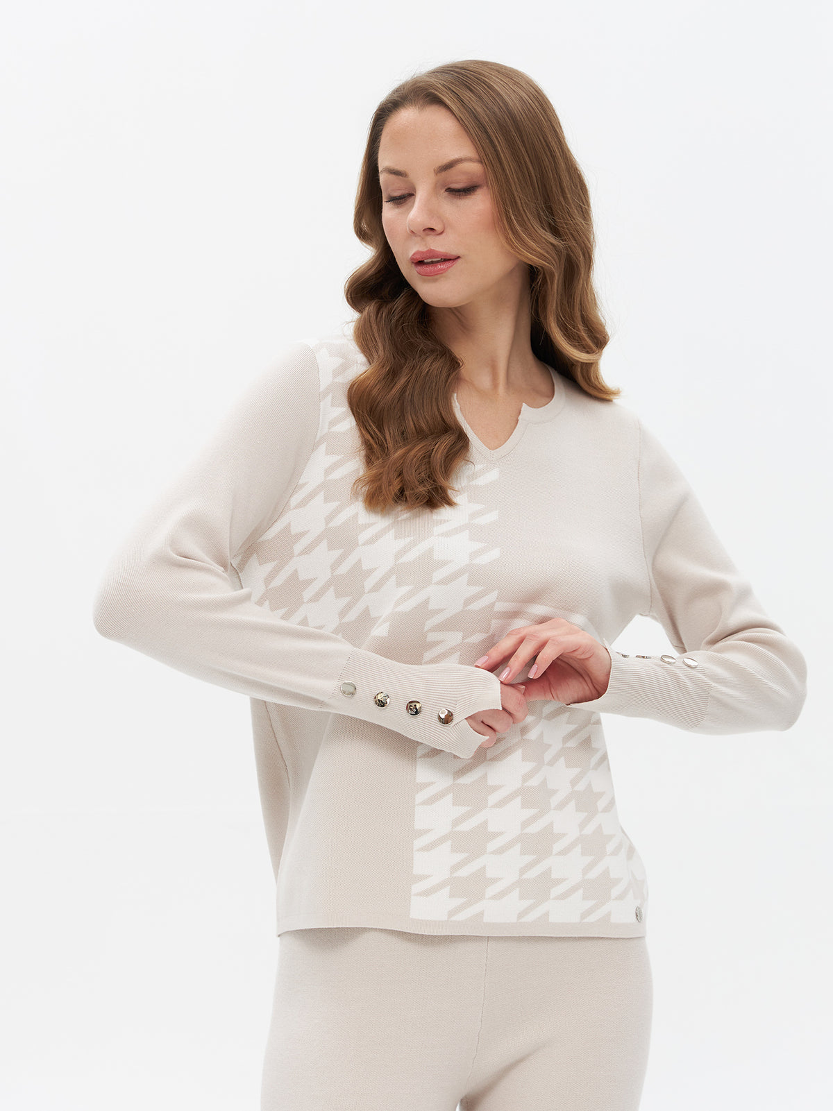 Strickpullover mit Hahnentrittmuster und Colorblock