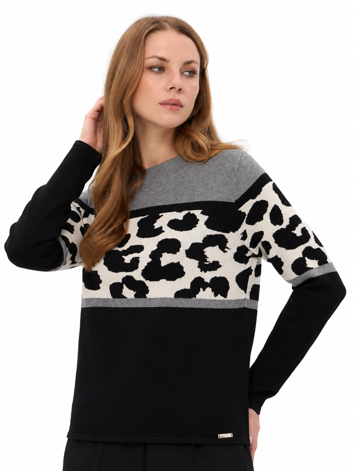 Pullover mit Leoprint und Colorblock
