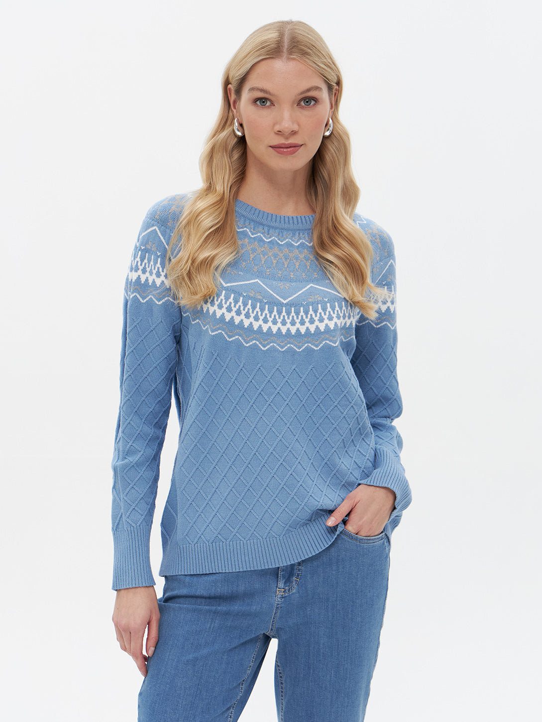 Rundhalspullover mit Norwegermuster in blau