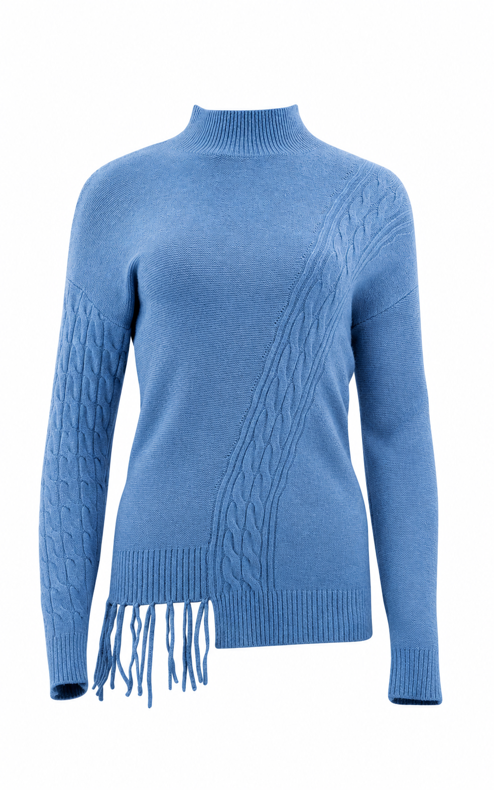 Asymmetrischer Pullover mit raffiniertem Strickmix und Fransen 